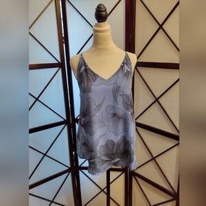 LOFT Blue and Black Floral Print Chiffon Camisole Tank Top - Small
